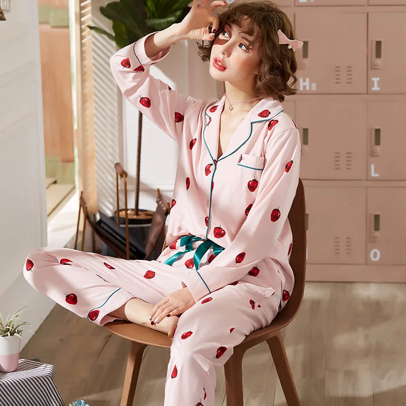 Весенне-осенняя Хлопковая пижама с клубничкой и штаны длинным рукавом милый