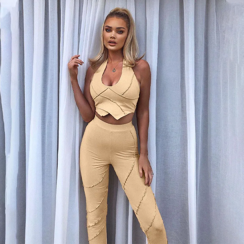 

Women Solid Color Two Pieces Set Sleeveless Backless Sexy Casual Tank Halter Neck Top And High-waisted Pants Sports Yoga Suits