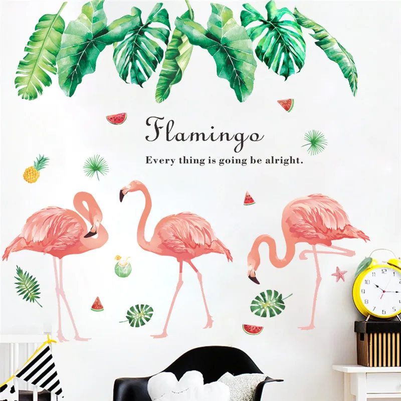 Beautiful Flamingo Birds Tree Leaf Wall Art Stickers For Office Shop Home Decoration Diy Cartoon Animal Wall Mural Decals