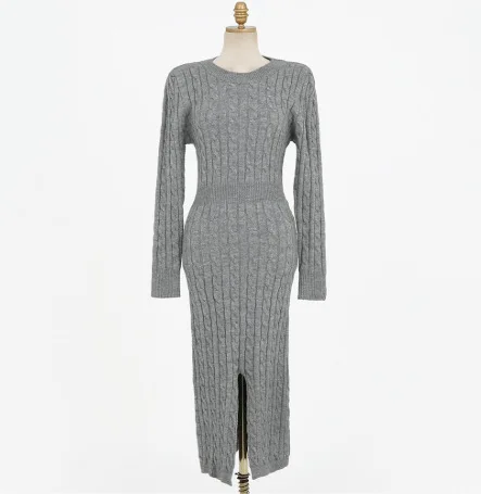 

Women Slim Split Sweater Dress Long Sleeve Round Neck Korean Elegant Knit Dresses 2021 Autumn Winter Office Lady Vestidos