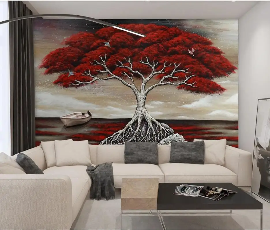 

WDBH 3d photo wallpaper custom mural Hand drawn oil painting red tree background home decor living room wallpaper for walls 3 d