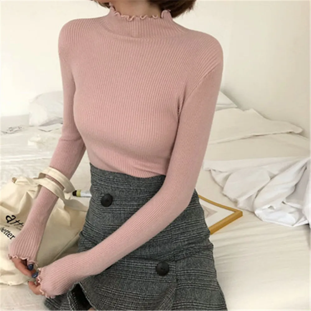 Женский свитер с высоким воротником эластичный Однотонный на осень и зиму