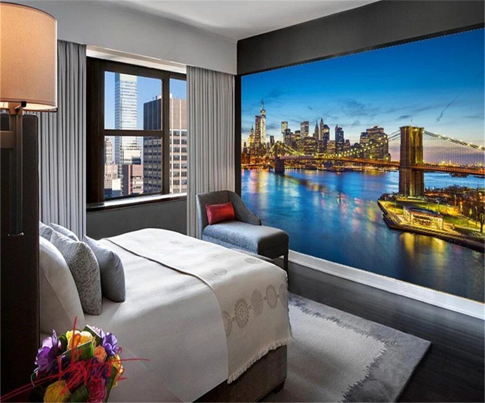 Большой заказ обои синий город архитектура ночной Ландшафтный мост ТВ настенная