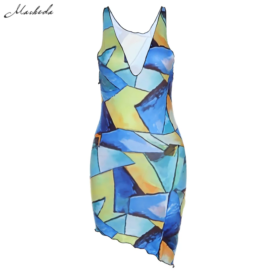 

Macheda Summer Fashion Printing Sling Slim Dress Women Sexy V Neck Sleeveless Vacation Casual Clothing Lady Mini Dresses 2021