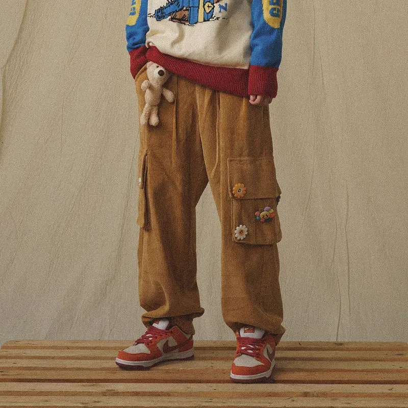 

Street Style Corduroy Pants Women Japan Retro Brown Loose Overalls Women Big Pockets Korean Wide Leg Pants Women 2021 New Style