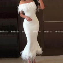 White Mermaid Evening Dresses With Feather Off The Shoulder Tea Length Short Prom Gown Zipper Up Back Satin Formal Gowns (3)