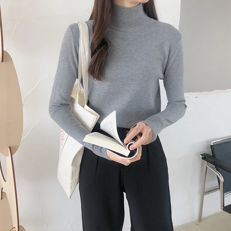 

Korean Solid Turtleneck Sweater Pullover Women Full Sleeve Slim Fashion Simple Basic Tops Sweaters 2020 Spring Autumn