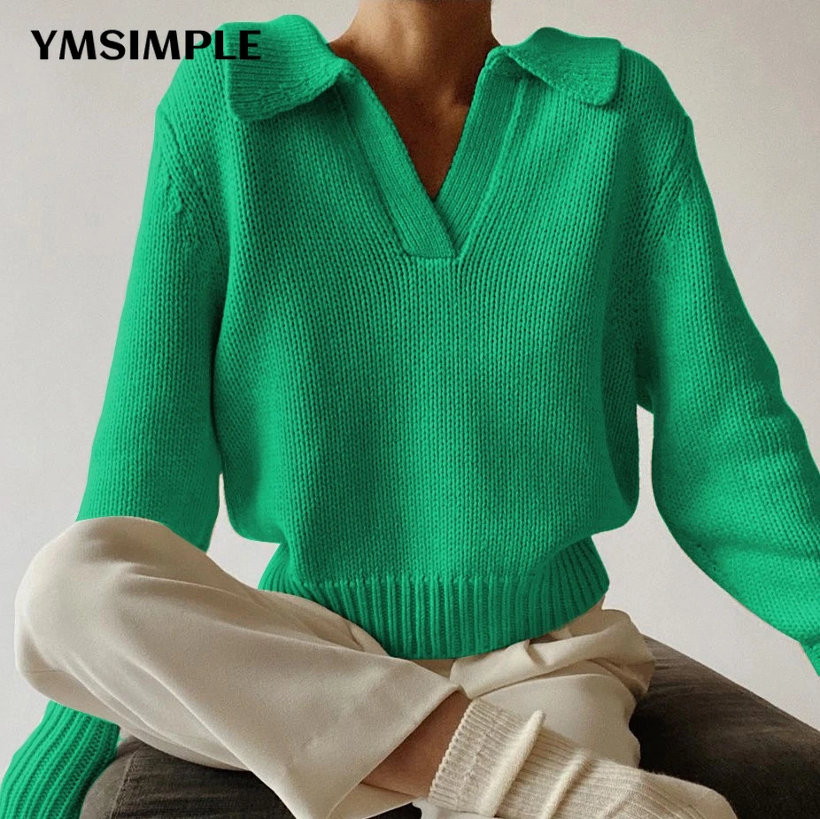 

Casual Women Autumn Winter Knitted Pullovers Korean Fashion 2022 Long Sleeve Polo Collar Office Lady Sweater Y2K Tops Jerseys