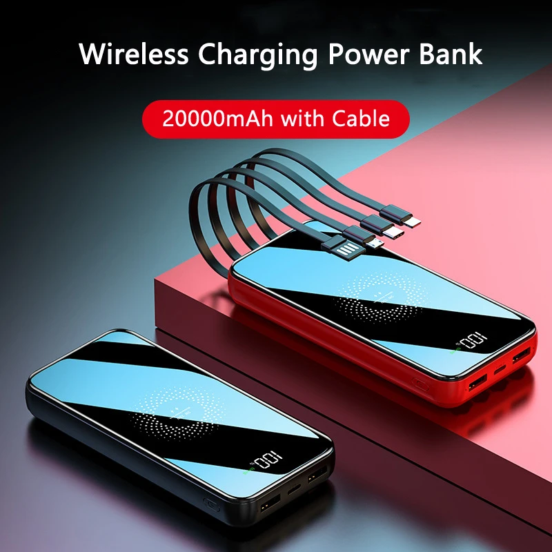 

20000mAh Qi Wireless Charger 10000mAh Power Bank Built in Cable Type C Powerbank For iPhone 12 X Samsung S20 Xiaomi mi Poverbank