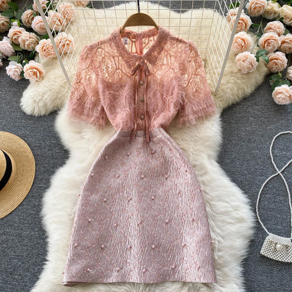 

2021 Runway Design Sweet Pink Mesh Patchwork Beading Jacquard Dress Women See Through Short Sleeve Bow Collar Elegant Mini Dress