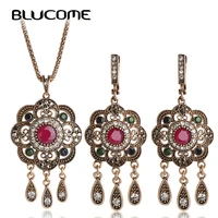 blucome vintage turkish jewelry sets green flower pendant colar gold color princess hooks long pendientes necklace earrings set