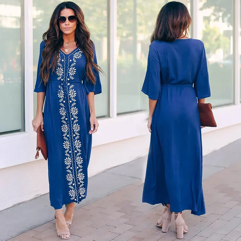 New Blue Bottom White Embroidered Drawstring Beach Skirt Seaside Resort Sun Protection Clothing Women'S Swimsuit Blouses Robe