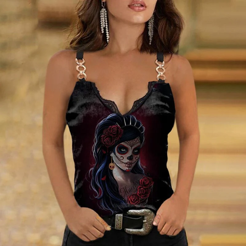 

Summer New Lace Decoration V-neck Printed Camisole T-shirt Plus Size Women's Casual Sleeveless Top Fashion Sexy Clothing