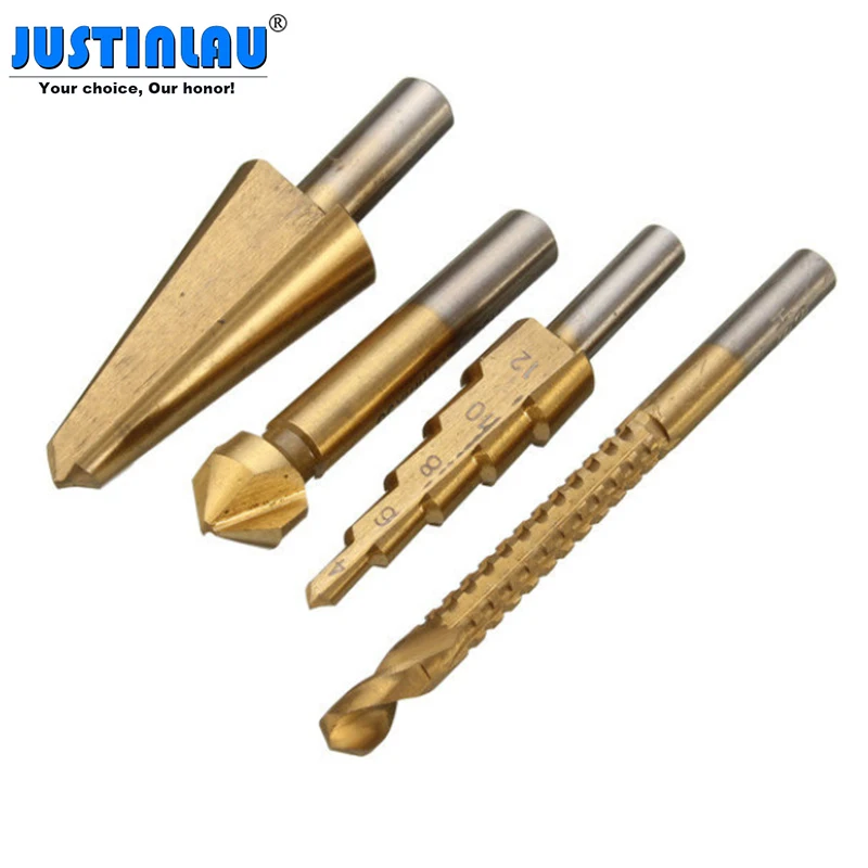 

JUSTINLAU 4pcs 6mm Saw Drill Hole Reamer 8-20mm Umbrella Drill 4-12mm Step Drill 12.4mm 90 Degree Chamfering Cutter Bit
