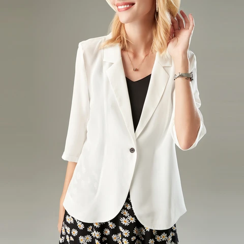 SuyaDream, женские шелковые блейзеры, 100% шелк, одна пуговица, рукав 3/4, однотонные, черные, офисные, женские блейзеры, 2022, весна, лето