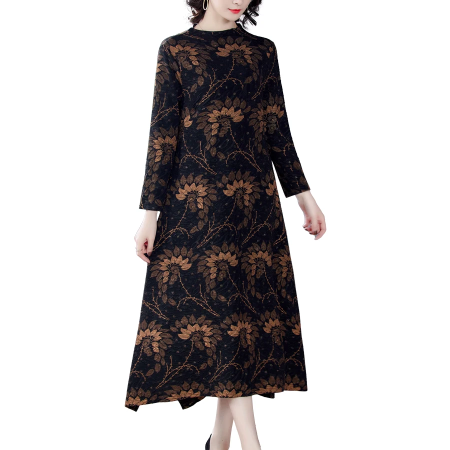 

2021 Loose Plus Size Plush Padded Warm Sequins Dresses Winter Autumn Print Casual Vintage Maxi New One Piece Dress Elegant Women