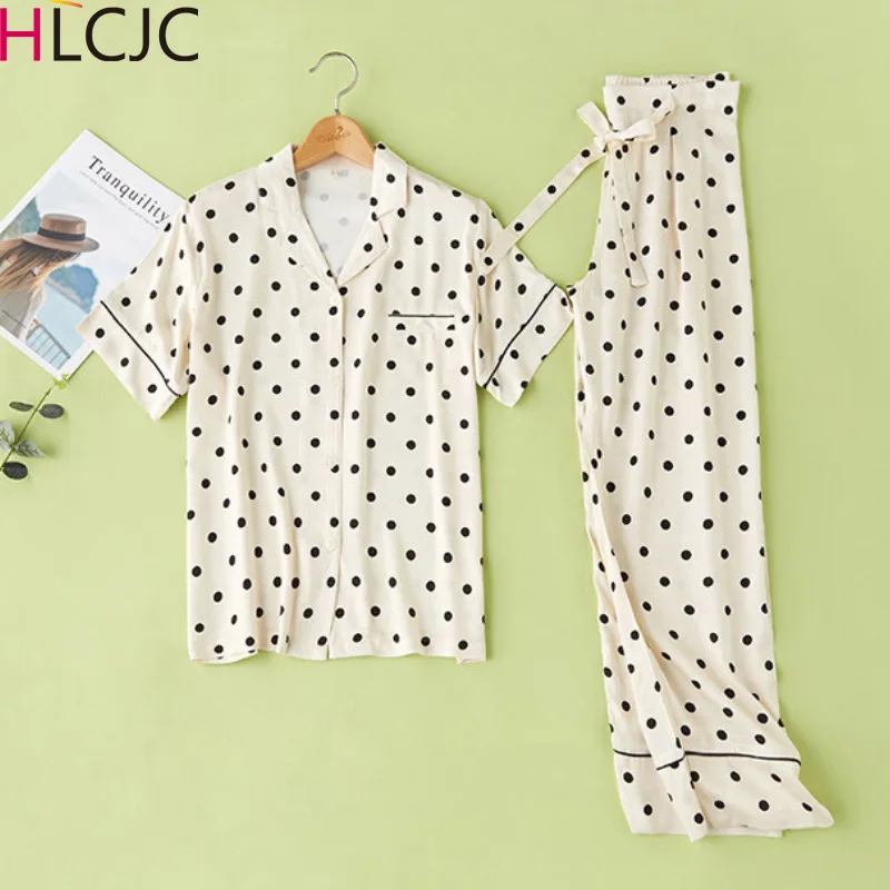 Летние женские пижамы с принтом в горошек Комплект короткими рукавами Длинные