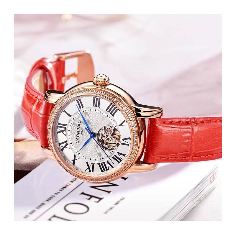 Carnival Women Mechanical Watch Luxury Brand Sapphire Automatic Watches Fashion Diamond Waterproof Hollow Ladies Watch 8052L