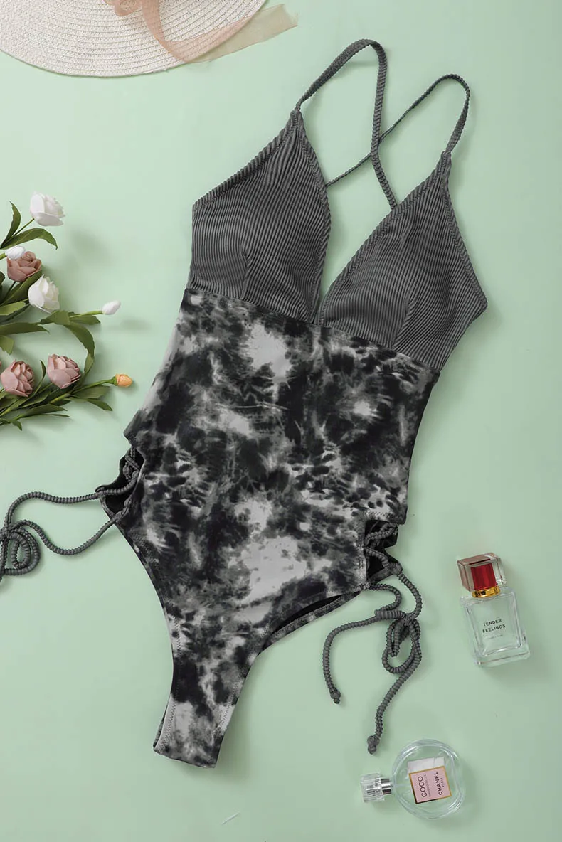 

Black Halter Crisscross Hollow Out Black Floral Ribbed Printed One-piece Swimwear Women Summer Beach Triangle Cups Swimsuit