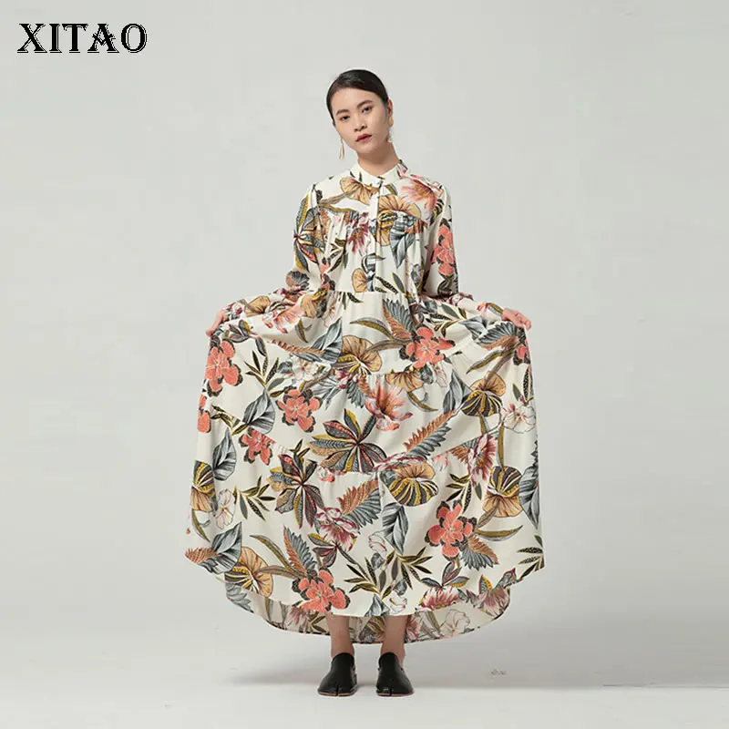 

XITAO/Платье с принтом большого размера; Модная рубашка контрастного цвета с воротником-стойкой; Новинка 2021 года; Сезон осень; Повседневное св...