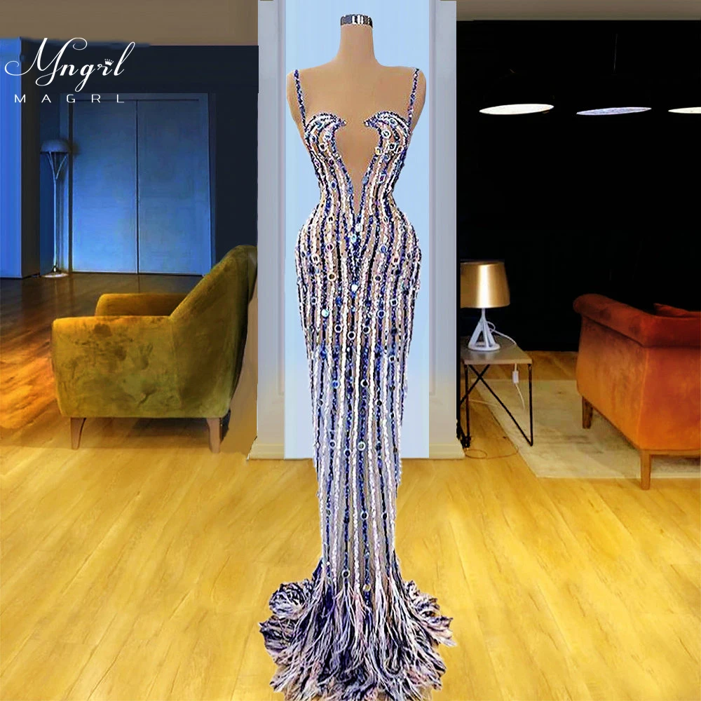 

MNGRL Luxury Evening Dress One-shoulder Long Sleeves Hand-applied Diamonds Glittering 2021 New Evening Dress Party Dress