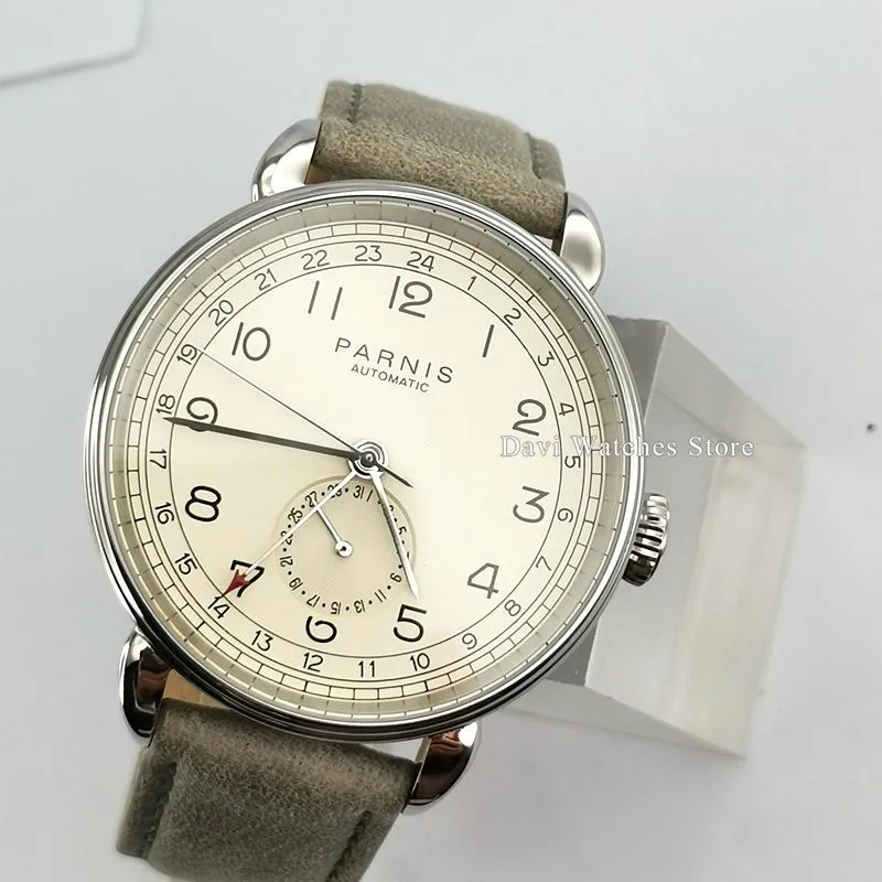 Часы PARNIS новинка 42 мм серебристый чехол белый циферблат ДАТА GMT автоматические