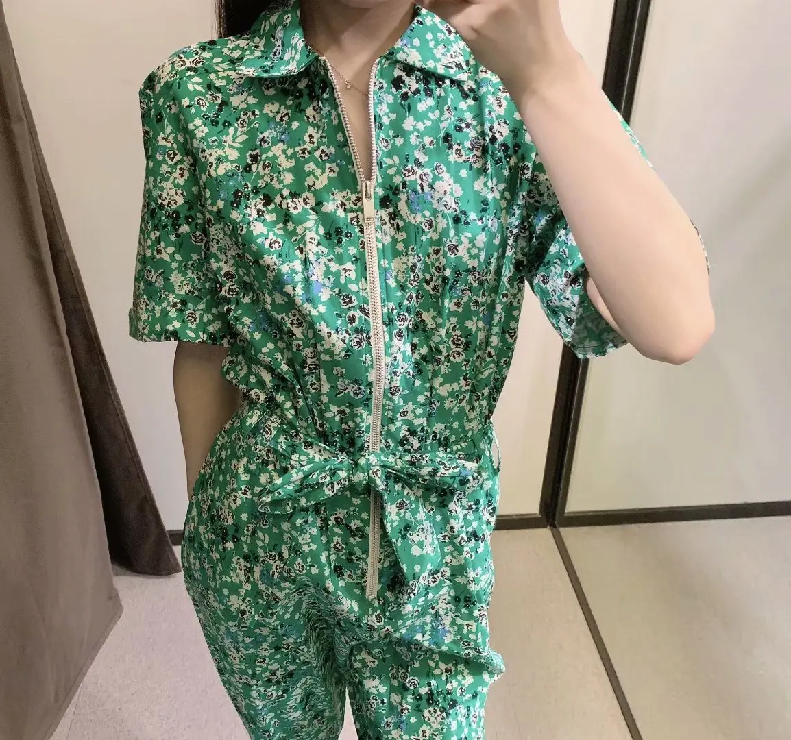 

Women Fashion With Belt Side Pockets Long Jumpsuits Vintage Short Sleeve Zipper Fly Female Printing Playsuits Mujer KA030