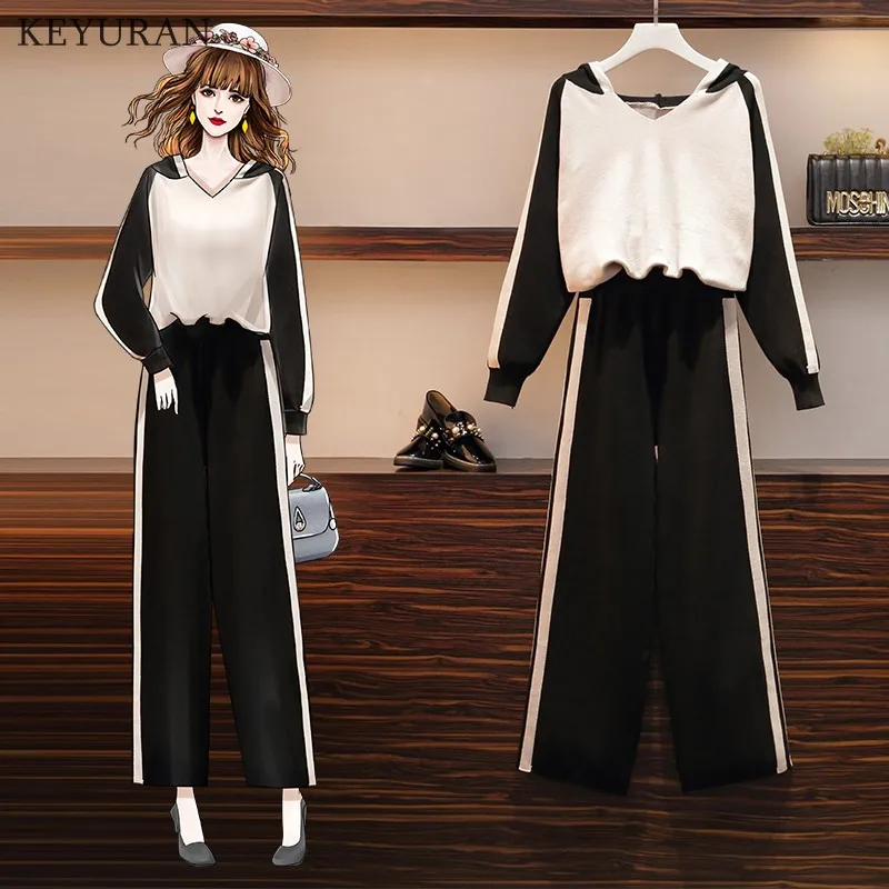 Осенне-зимний комплект из 2 предметов Женский вязаный костюм Свободный Полосатый