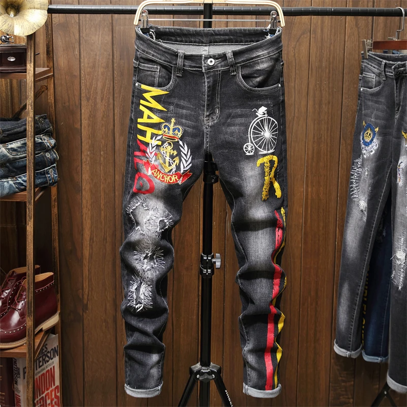 Male Jeans Men Men'S Jean Homme Denim Slim Fit Pants Trousers Black Biker Printing Designer Skinny High Quality Soft Young