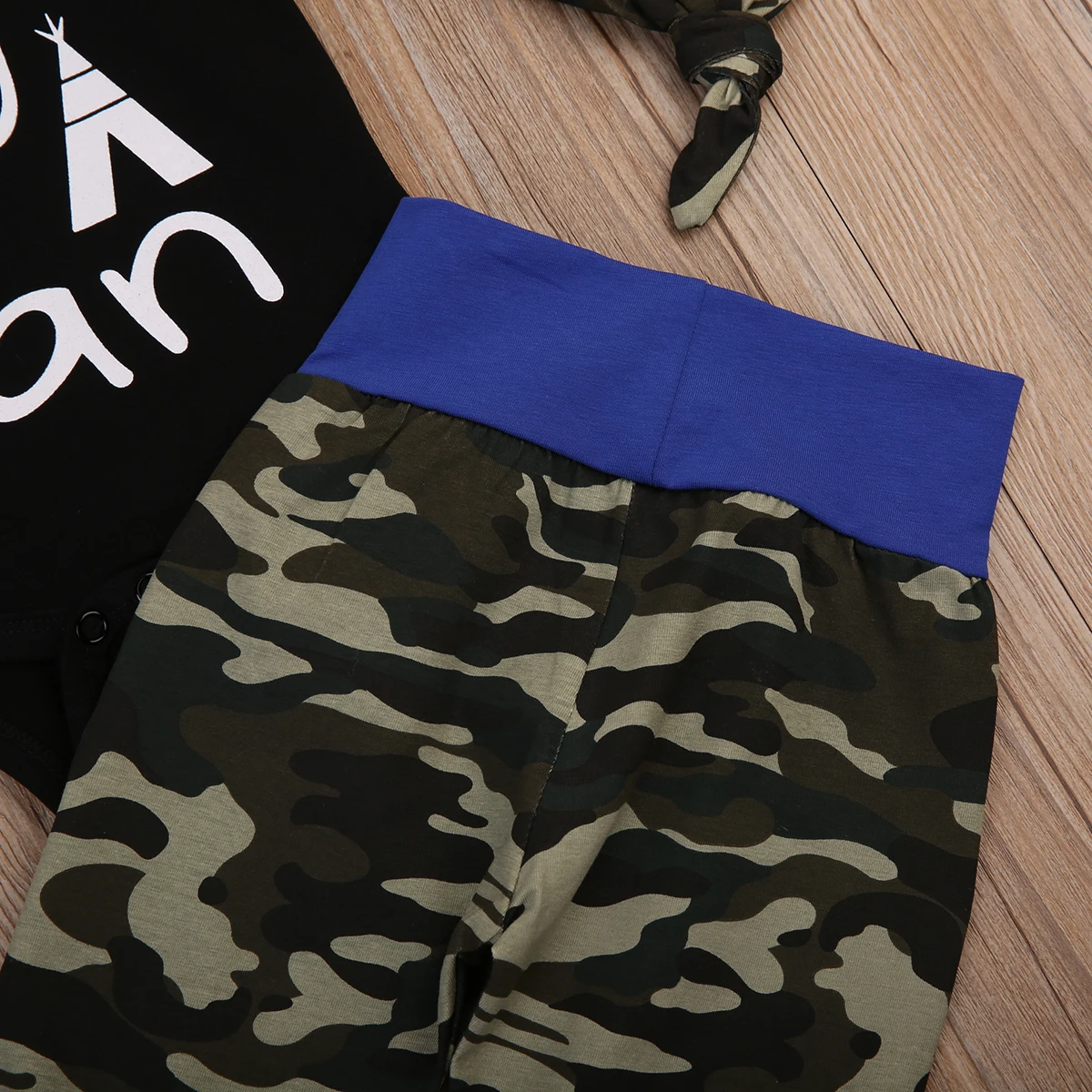 

Baby Boys 3PCS Outfit Set, Long Sleeve Letter Printed Envelope Neckline Romper, Long Camouflage Pants, Beanie Hat Set