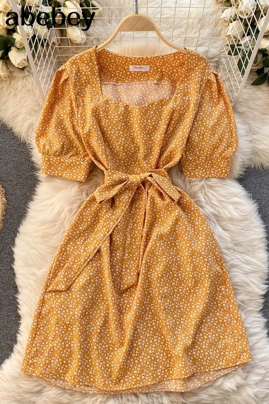 

Short Sleeve Square Collar Pleated Mini Femme Dresses Bodycon Sexy Vacation Dress Vestido Floral Printed A Line Sundress