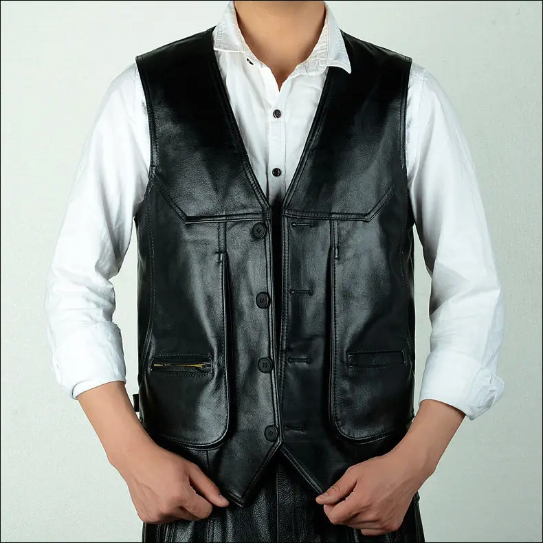 

2020 New Cowhide Genuine Leather Vest Motorcycle Mens Slim Fit Real Brown Cow Leather Waistcoat Bikers Vest Size L-8XL jacket