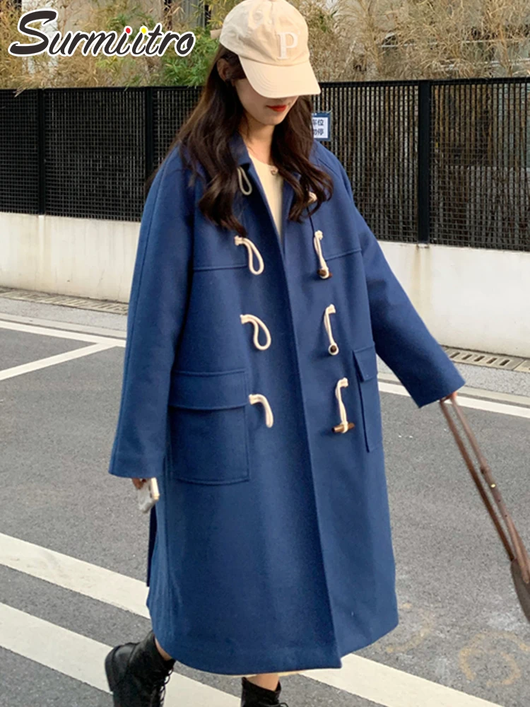 

SURMIITRO плотное теплое длинное шерстяное пальто для женщин 2021 модная зимняя свободная стеганая куртка с роговыми пуговицами шикарное Женское...