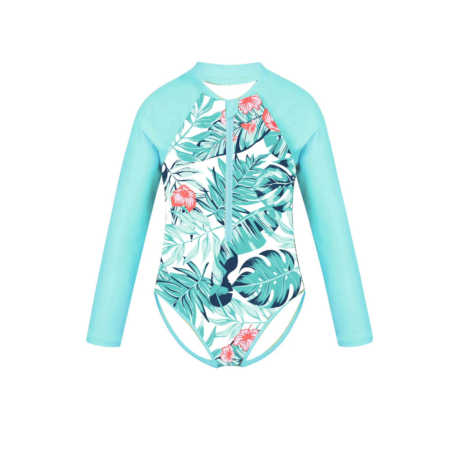 

Kids Girls One Piece Bodysuit Swimwear Beachwear Long Sleeves Zippered Swimsuit Children Swimming Bathing Suit Rash Guard