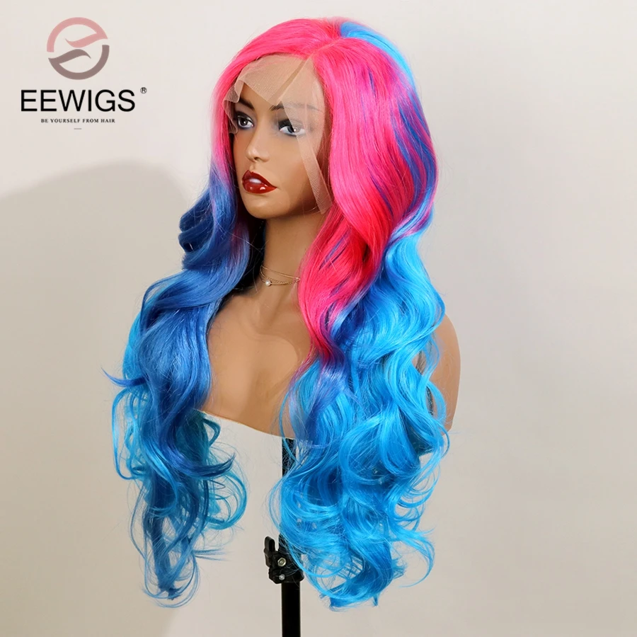 EEWIGS 2" длинные волнистые 13x4 синтетический парик фронта шнурка Glueless розовый Ombre синий парики термостойкие боковая часть 3 тона цвет парик волос
