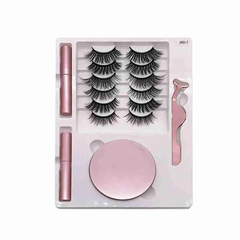 

8 Pairs Hybrid Lnvisible Magnet False Eyelashes Set Double Bottle Magnetic 2 liquid Eyeliner Factory Wholesale Suit Reusable Kit
