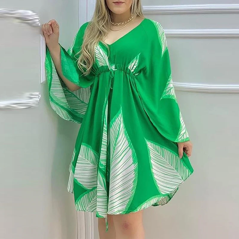 

2021 Women Autumn Casual Flare Sleeve Dress Retro Print V Neck Chic Pattern Mini Dress Sexy Drawstring Waist Design Party Dress
