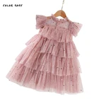 Винтажное длинное платье розового цвета для маленьких девочек 2 - 10 лет, Кружевной Костюм принцессы с блестками, Летнее Детское платье с капюшоном, платье для маленьких девочек