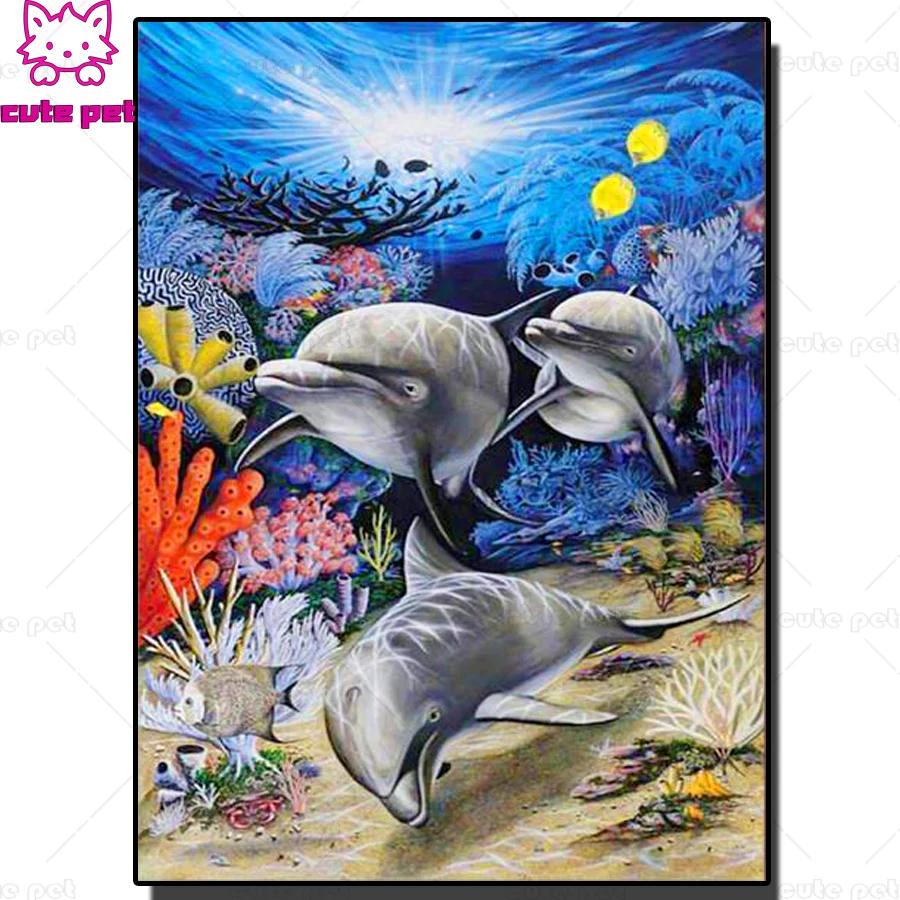 

3D picture of rhinestones mosaic blue dolphins landscape full embroidery paint with diamonds painting crystal beads home decor