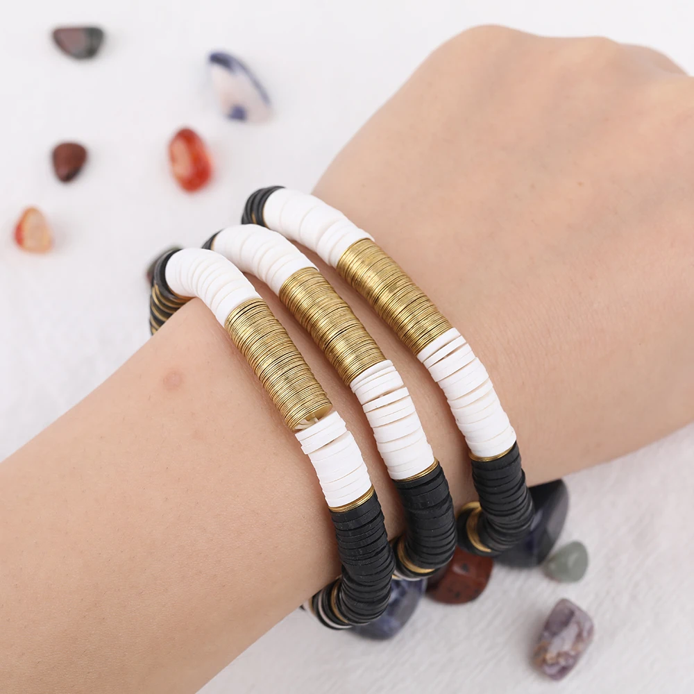 

5Pcs Black White Color Polymer Clay Disc Heishi Beads 8mm Gold Copper Sheets Elastic String Bracelet Fashion Women Boho Jewelry