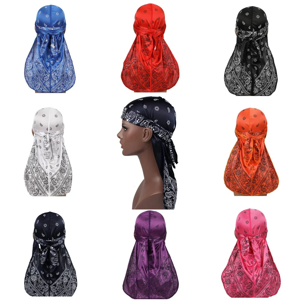 Premium Men Silk Durag Paisley Design Printing Silky Durags Long Straps Headwear Head Scarf Wave Cap Headwrap Durags