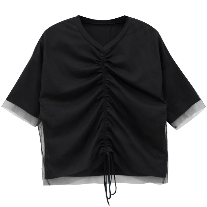 

XUXI Drawstring Summer Stitching T-shirt V-neck Black And White Five Points Sleeve Tops Leisure T Shirt 2020 Women FZ1854