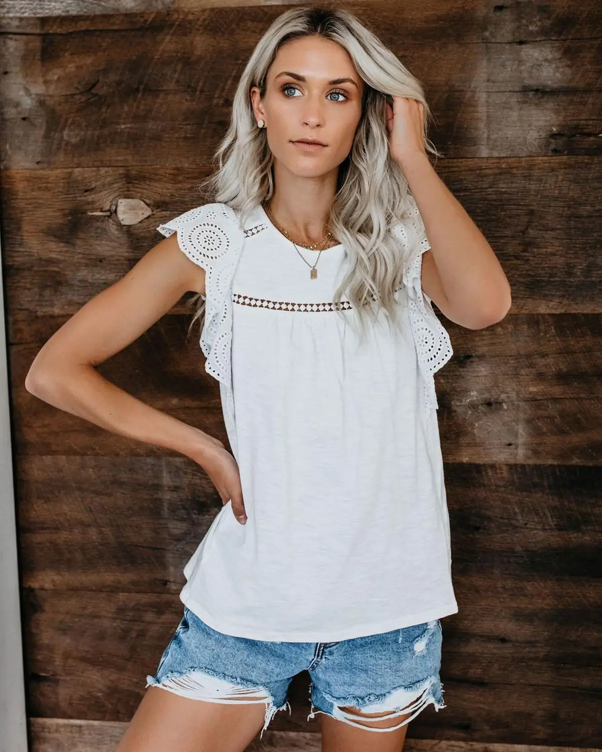 

Lace top women's hollow lace stitching cotton casual T-shirt