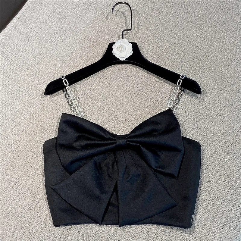 Bow Camisole Women 2021 Summer New Three-Dimensional Bow Design Sexy Rhinestone Chain Sling Short Tank Top White Black
