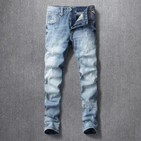 street style fashion men jeans retro light blue elastic slim ripped jeans men printed designer hip hop casual hole denim pants