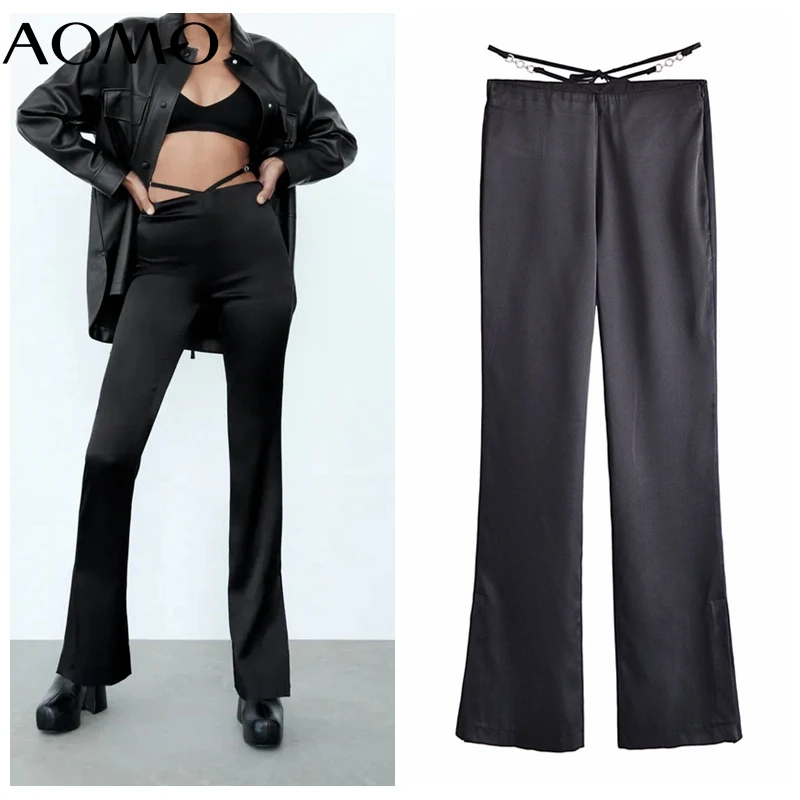 

AOMO 2021 Fashion Women Black Satin Flare Pants Trousers Pockets Casual Lady Pants Pantalon QN121A