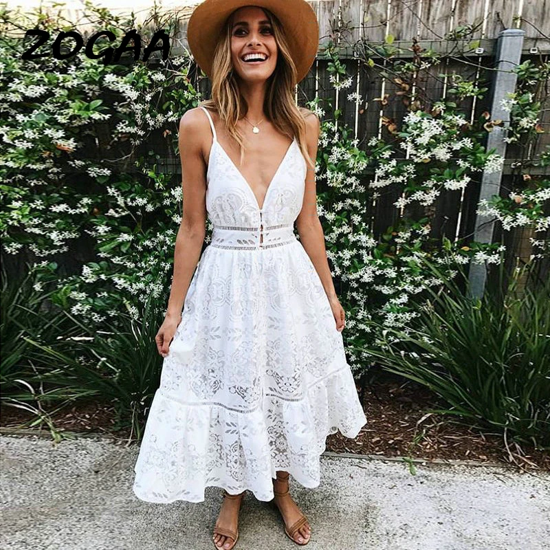 Женское кружевное платье ZOGAA белое Повседневное на пуговицах с v-образным вырезом