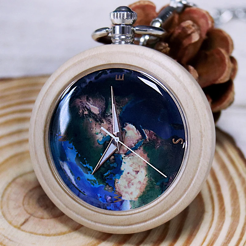 

Ocean Pattern Wood Pocket Watch Quartz Wooden Watches Fob Chain Pendants Unqiue Eco-friendly Bamboo Clock reloj de bolsillo