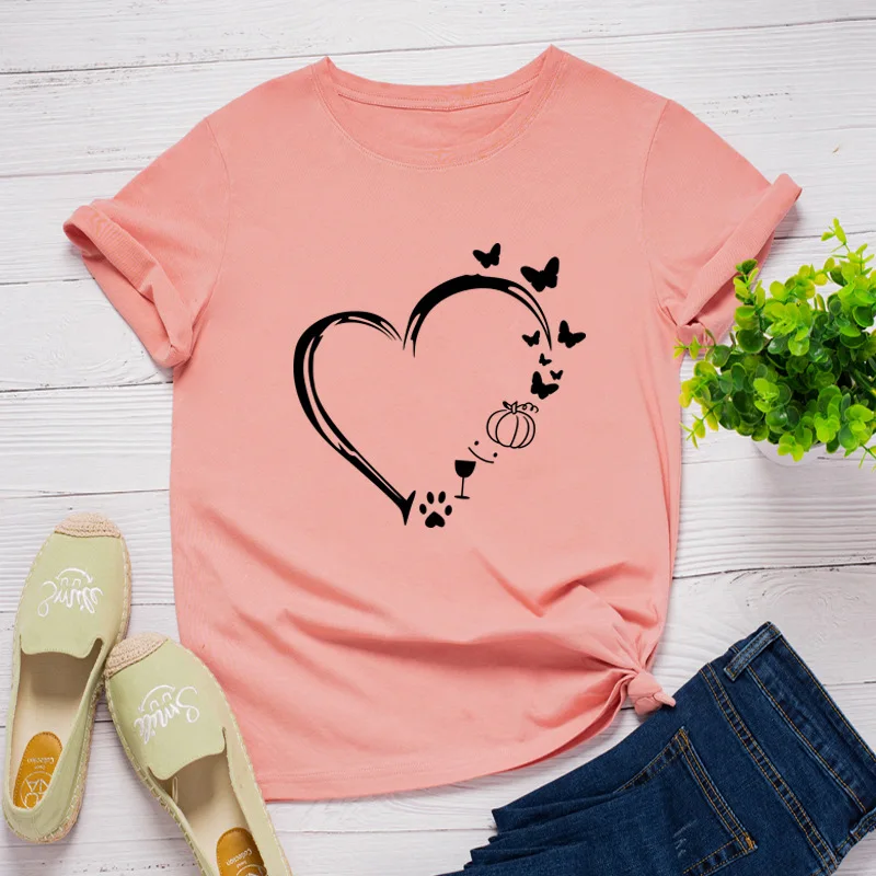 

Plus Size Women Shirt Fashion Butterfly Print T Shirt O Neck Short Sleeve Tees Summer 100%Cotton Tops Women Tshirt Plus Tee