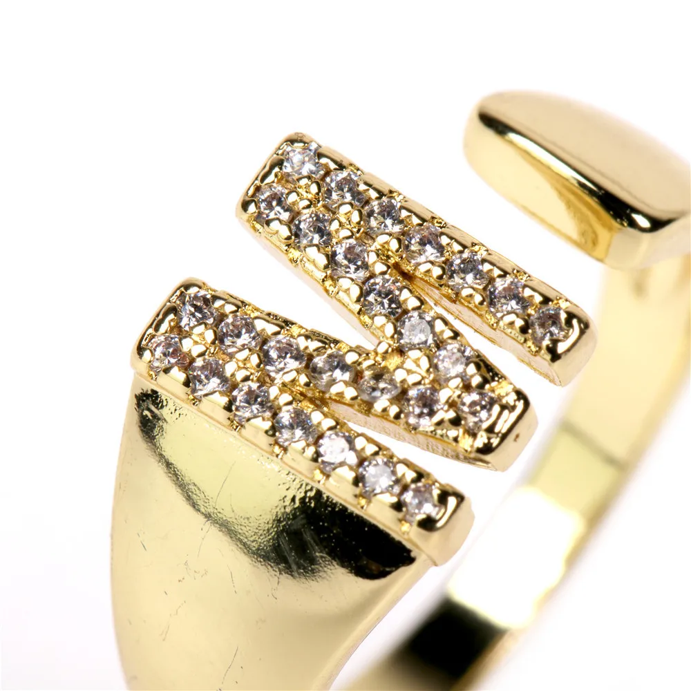 

Gold 26 Letters Rhinestone Ring Alloy Luxury Elegant Women Open Temperament Ring Exquisite Fashion Gift Jewelry
